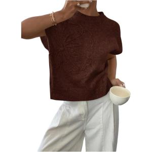 image:imageMakeMeChic Womens Bow Sweater Cute Summer Tops Plaid Short Sleeve Crew Neck Y2K Knitted PulloverMocha Brown