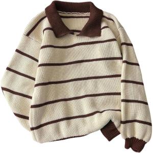 image:imageMakeMeChic Womens Collared Striped Sweater Long Sleeve Knit Fall Winter Sweaters Preppy TopsMulticolor