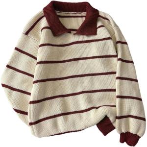 image:imageMakeMeChic Womens Collared Striped Sweater Long Sleeve Knit Fall Winter Sweaters Preppy TopsMulticolor B