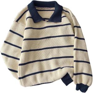 image:imageMakeMeChic Womens Collared Striped Sweater Long Sleeve Knit Fall Winter Sweaters Preppy TopsMulticolor C