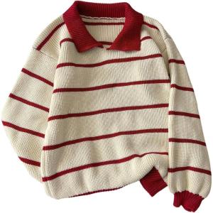 image:imageMakeMeChic Womens Collared Striped Sweater Long Sleeve Knit Fall Winter Sweaters Preppy TopsRed and White