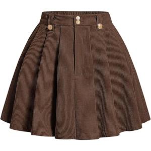 image:imageMakeMeChic Womens Corduroy High Waist Skirt Metal Button Pleated A Line Flare Skater Short SkirtsBrown
