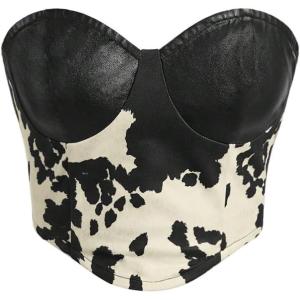 image:imageMakeMeChic Womens Cow Print PU Leather Top Lace Up Strapless Open Back Cowboy Chic Crop TopsBlack