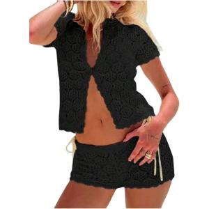 image:imageMakeMeChic Womens Crochet 2 Piece Sets Boho Tops Mini Shorts Swimsuit Coverup Beach Vacation OutfitsBlack