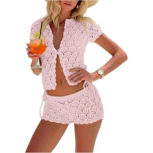 image:imageMakeMeChic Womens Crochet 2 Piece Sets Boho Tops Mini Shorts Swimsuit Coverup Beach Vacation OutfitsLight Pink