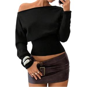 image:imageMakeMeChic Womens Cropped Sweater Off The Shoulder Sweater Tops Y2k Long Sleeve Knit Crop TopsBlack
