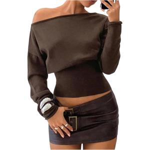 image:imageMakeMeChic Womens Cropped Sweater Off The Shoulder Sweater Tops Y2k Long Sleeve Knit Crop TopsBrown
