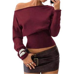 image:imageMakeMeChic Womens Cropped Sweater Off The Shoulder Sweater Tops Y2k Long Sleeve Knit Crop TopsBurgundy