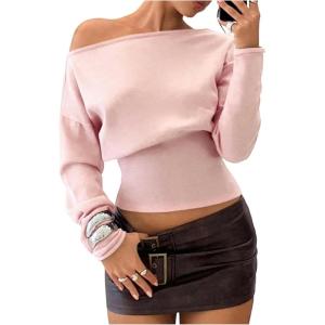 image:imageMakeMeChic Womens Cropped Sweater Off The Shoulder Sweater Tops Y2k Long Sleeve Knit Crop TopsPink