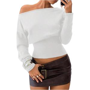 image:imageMakeMeChic Womens Cropped Sweater Off The Shoulder Sweater Tops Y2k Long Sleeve Knit Crop TopsWhite