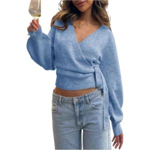 image:imageMakeMeChic Womens Cropped Sweaters Spring Wrap Sweater V Neck Tie Front Long Sleeve Knit TopsBlue