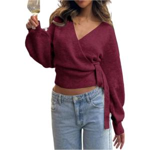 image:imageMakeMeChic Womens Cropped Sweaters Spring Wrap Sweater V Neck Tie Front Long Sleeve Knit TopsBurgundy