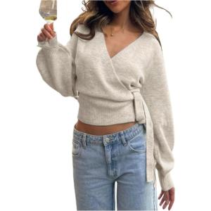 image:imageMakeMeChic Womens Cropped Sweaters Spring Wrap Sweater V Neck Tie Front Long Sleeve Knit TopsKhaki
