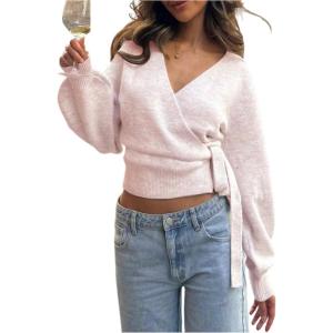image:imageMakeMeChic Womens Cropped Sweaters Spring Wrap Sweater V Neck Tie Front Long Sleeve Knit TopsPink