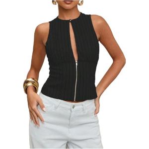 image:imageMakeMeChic Womens Cut Out Striped Tank Tops Crew Neck Zipper Sleeveless Dressy ShirtBlack