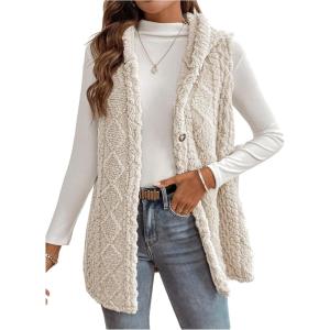 image:imageMakeMeChic Womens Fall Faux Fur Vest Outerwear Hooded Sleeveless Button Down Furry CoatApricot