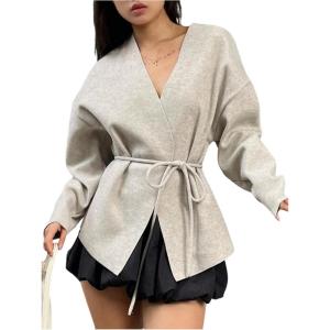 image:imageMakeMeChic Womens Fall Wrap V Neck Long Sleeve Coat Belted Tie Front Jacket OuterwearApricot