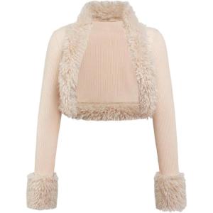 image:imageMakeMeChic Womens Faux Fur Open Front Coat Valentines Fuzzy Long Sleeve Crop Jacket OuterwearApricot