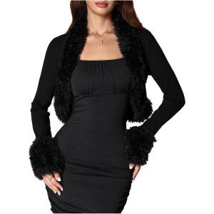 image:imageMakeMeChic Womens Faux Fur Open Front Coat Valentines Fuzzy Long Sleeve Crop Jacket OuterwearBlack