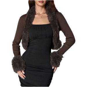 image:imageMakeMeChic Womens Faux Fur Open Front Coat Valentines Fuzzy Long Sleeve Crop Jacket OuterwearCoffee Brown