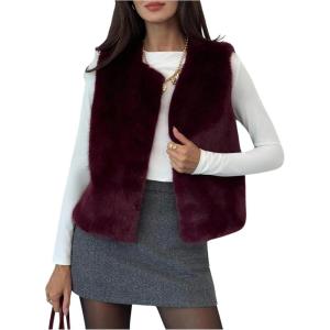 image:imageMakeMeChic Womens Faux Fur Vest Tops Fuzzy Sleeveless Fur Jacket Coat OuterwearBurgundy