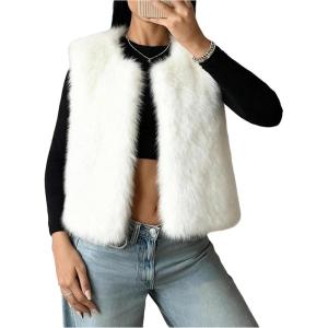 image:imageMakeMeChic Womens Faux Fur Vest Tops Fuzzy Sleeveless Fur Jacket Coat OuterwearWhite