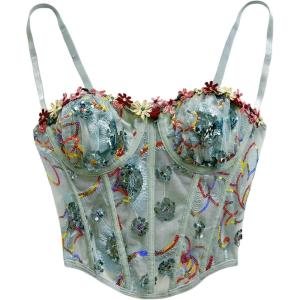 image:imageMakeMeChic Womens Floral Mesh Corset Sheer Top Spaghetti Strap Going Out TopsGreen B