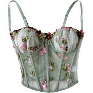 image:imageMakeMeChic Womens Floral Mesh Corset Sheer Top Spaghetti Strap Going Out TopsMulticolor
