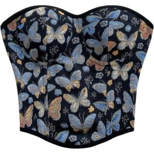 image:imageMakeMeChic Womens Floral Strapless Corset Top Vintage Lace Up Bustier Going Out TopBlack
