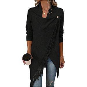 image:imageMakeMeChic Womens Fringe Trim Wrap Cardigan Boho Poncho Sweater Draped Knitted Long Sleeve OuterwearBlack
