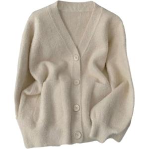 image:imageMakeMeChic Womens Fuzzy Cardigan Sweaters Button Down Long Sleeve V Neck Knit Furry Oversized SweaterKhaki