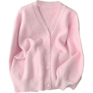 image:imageMakeMeChic Womens Fuzzy Cardigan Sweaters Button Down Long Sleeve V Neck Knit Furry Oversized SweaterPink