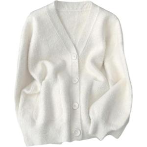 image:imageMakeMeChic Womens Fuzzy Cardigan Sweaters Button Down Long Sleeve V Neck Knit Furry Oversized SweaterWhite