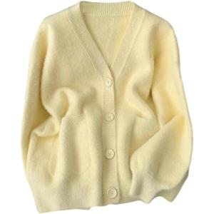 image:imageMakeMeChic Womens Fuzzy Cardigan Sweaters Button Down Long Sleeve V Neck Knit Furry Oversized SweaterYellow