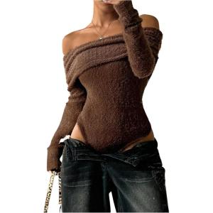 image:imageMakeMeChic Womens Fuzzy Off The Shoulder Bodysuit Ruched Long Sleeve Party Club TopsBrown