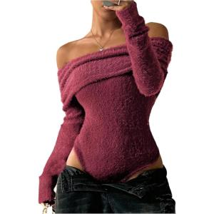 image:imageMakeMeChic Womens Fuzzy Off The Shoulder Bodysuit Ruched Long Sleeve Party Club TopsBurgundy