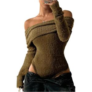 image:imageMakeMeChic Womens Fuzzy Off The Shoulder Bodysuit Ruched Long Sleeve Party Club TopsDark Green