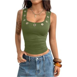 image:imageMakeMeChic Womens Grommet Eyelet Tank Top Grunge Sleeveless Punk Y2K Crop TopsArmy Green