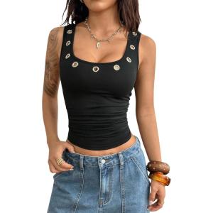image:imageMakeMeChic Womens Grommet Eyelet Tank Top Grunge Sleeveless Punk Y2K Crop TopsBlack