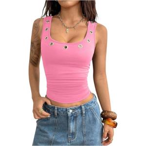 image:imageMakeMeChic Womens Grommet Eyelet Tank Top Grunge Sleeveless Punk Y2K Crop TopsPink
