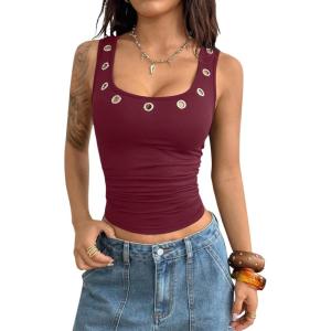 image:imageMakeMeChic Womens Grommet Eyelet Tank Top Grunge Sleeveless Punk Y2K Crop TopsRed