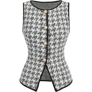 image:imageMakeMeChic Womens Houndstooth Plaid Vest Tops Trendy Dressy Tops Button Wasitcoat For Work OfficeBlack and White