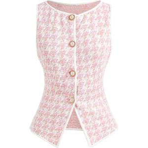 image:imageMakeMeChic Womens Houndstooth Plaid Vest Tops Trendy Dressy Tops Button Wasitcoat For Work OfficePink