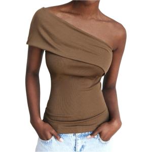 image:imageMakeMeChic Womens Lace Off The Shoulder Tank Ruched Sleeveless Fitted Going Out Crop TopsBrown