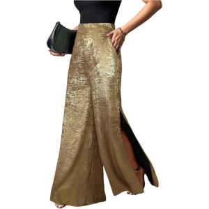 image:imageMakeMeChic Womens Metallic Split Side Hem Long Pants High Waist Wide Leg Loose Trousers with PocketsGold