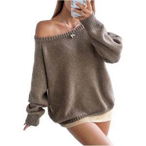 image:imageMakeMeChic Womens Off The Shoulder Sweater Long Sleeve Boat Neck Winter Casual Pullover Knit TopsKhaki