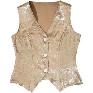 image:imageMakeMeChic Womens Old Money Clothes Metallic V Neck Tank Tops Button Down Sleeveless Party VestGold