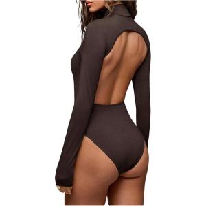 image:imageMakeMeChic Womens Open Back Top Long Sleeve Mock Neck Bodysuit Going Out Tops Clubbing OutfitsBrown