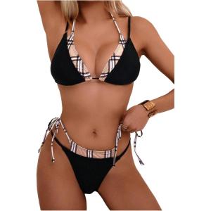 image:imageMakeMeChic Womens Plaid Bikini Set Halter Triangle Tie Side Triangle 2 in 1 Bathing SuitBlack