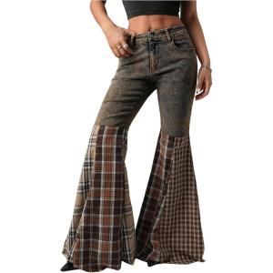 image:imageMakeMeChic Womens Plaid Jeans Bell Bottom Wide Leg Bootcut Jeans Flare Y2k Vintage Denim PantsMulticolor